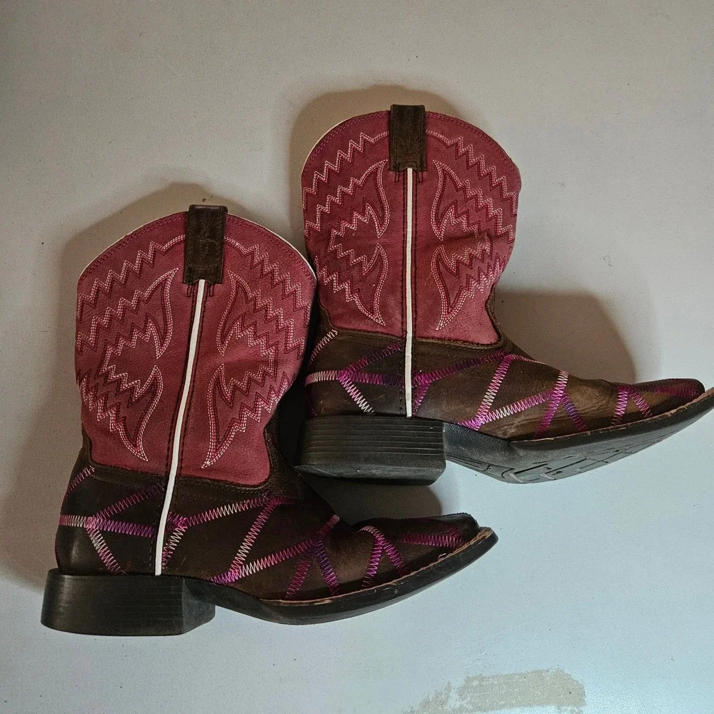 Ariat Youth Western Boots Brown Pink Purple Square Toe 10021594 Size 1